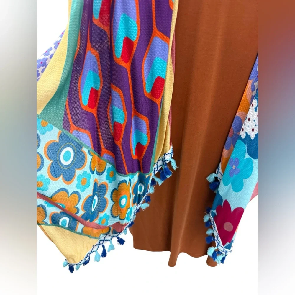 NWT kimono Ruana tassels exotic viscose soft flowy 60s psychedelic flower child - Picture 10 of 16
